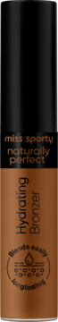 Miss Sporty Naturally Perfect Hydrating Bronzer, brązowa butelka z czarną nakrętką, widok z przodu.