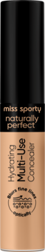 Beżowy korektor Miss Sporty Naturally Perfect Hydrating Multi-Use. Pionowa butelka z czarną nakrętką i napisem "blurs fine lines".