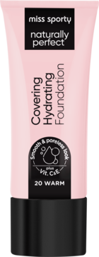 Miss Sporty Naturally Perfect Covering Hydrating Foundation 20 Warm, różowa tuba z wit. C i E, widok z przodu.