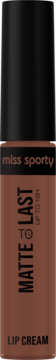 Pomadka Miss Sporty Matte To Last 16h Lip Cream w odcieniu czekoladowym. Brązowa butelka, czarny korek, przód.