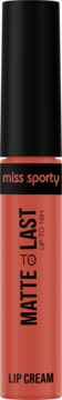 Miss Sporty Matte To Last 16h Lip Cream, matowa pomadka w płynie w odcieniu peachy, czarna nakrętka, widok z przodu.