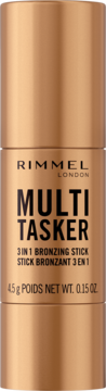 Złoty bronzer Rimmel Multi-Tasker w sztyfcie 3w1, widok z przodu, z napisem "MULTI TASKER".