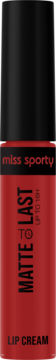 Czerwona matowa pomadka w płynie Miss Sporty Matte To Last 16h w tubce, z czarną nakrętką, widok z przodu.