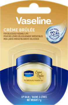 Vaseline Crème Brûlée balsam do ust 7g, w blistrze, 72h nawilżenia. Biały słoiczek z niebieskim wieczkiem, front.