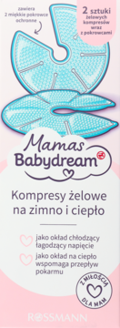 Mamas Babydream kompresy żelowe na zimno i ciepło, 2 szt. błękitne z pokrowcami, w różowo-białym opakowaniu.