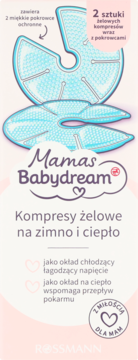 Mamas Babydream, 2 błękitne kompresy żelowe na piersi, na zimno/ciepło, na białym opakowaniu.