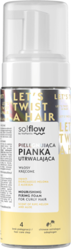So!flow pianka utrwalająca do włosów kręconych, melon z aloesem. Biało-złota butelka, widok z przodu.