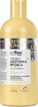 Żółta butelka so!flow odżywki myjącej do włosów kręconych, melon z aloesem, widok z przodu, biała etykieta.