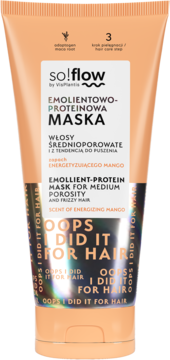 Pomarańczowa tubka so!flow Emollient-Protein Mask mango do włosów średnioporowatych, widok z przodu.