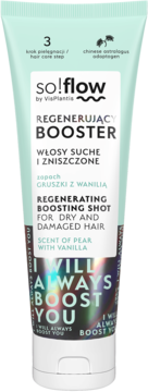 so!flow Regenerujący Booster do włosów suchych i zniszczonych w miętowo-białej tubce, gruszka-wanilia, przód.