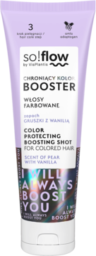 Fioletowy booster so!flow by Vis Plantis chroniący kolor włosów, o zapachu gruszki z wanilią, widok z przodu.