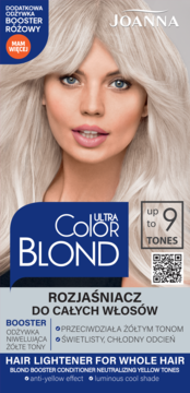 Opakowanie rozjaśniacza Joanna Ultra Color Blond, widok z przodu, z blond modelką i informacją o 9 tonach.