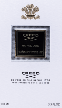 Kartonowe opakowanie perfum Creed Royal Oud 100ml, białe, z wytłoczonym złotym herbem i czarną etykietą.
