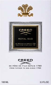 Creed Royal Oud woda perfumowana, białe opakowanie 100 ml z czarną etykietą i złotym herbem, widok z przodu.