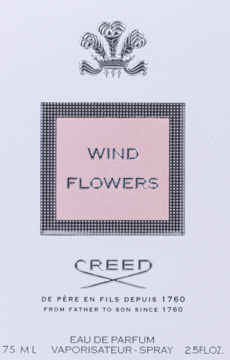 Creed Wind Flowers, damska woda perfumowana w białym pudełku z różowym kwadratem i logo, widok z przodu.