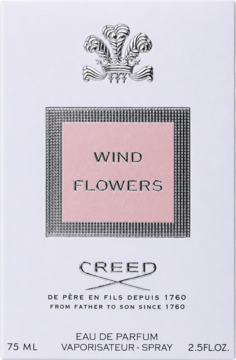 Creed Wind Flowers Eau de Parfum, białe opakowanie z różowym panelem i srebrnym herbem, widok z przodu.