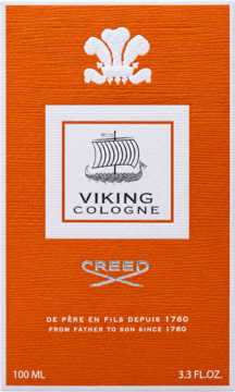 Pudełko Creed Viking Cologne w kolorze pomarańczowym, z białym panelem i rysunkiem statku wikingów, widok z przodu.