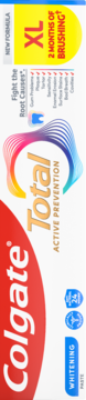 Białe opakowanie pasty Colgate Total Whitening Active Prevention XL, czerwone logo, NEW FORMULA, widok z boku.
