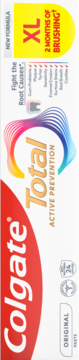 Colgate Total Active Prevention pasta do zębów XL, biało-czerwone opakowanie, '2 miesiące szczotkowania', widok z przodu.