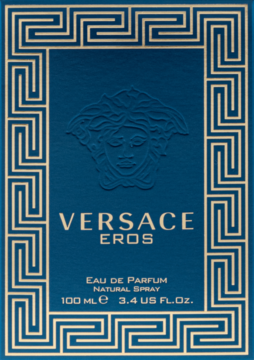 Granatowe pudełko perfum męskich Versace Eros 100ml ze złotym greckim wzorem i logo Meduzy na froncie.