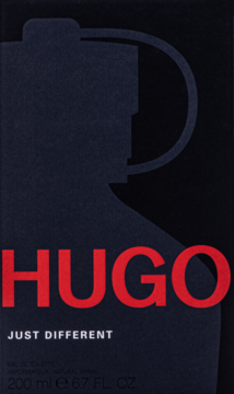 Hugo Boss Hugo Just Different EDT dla mężczyzn, ciemne pudełko z czerwoną nazwą i sylwetką butelki, widok z przodu.