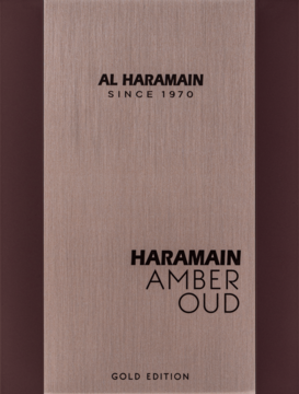 Al Haramain Amber Oud Gold Edition EDP, front brązowego opakowania z napisem Amber Oud i szczotkowaną teksturą.
