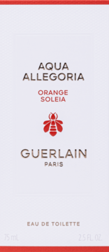 Guerlain Aqua Allegoria Orange Soleia Eau de Toilette 75ml w białym pudełku z pomarańczowym napisem i logo pszczoły, widok z przodu.