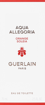 Opakowanie Guerlain Aqua Allegoria Orange Soleia EDT 75ml, białe z czerwonym napisem i logo pszczoły.