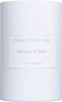 Biała cylindryczna butelka perfum ZARKOPERFUME Menage A Trois unisex eau de parfum, front, szare napisy.