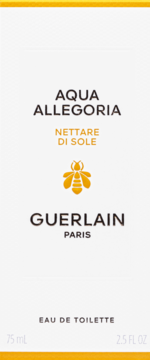 Front białego opakowania Guerlain Aqua Allegoria Nettare Di Sole EDT z pszczołą, złotym napisem, 75ml.