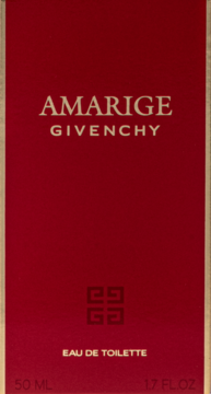 Czerwone opakowanie perfum Givenchy Amarige Eau de Toilette 50 ml, ze złotymi napisami i logo, widok z przodu.