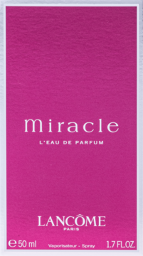 Fuksjowe pudełko perfum Lancôme Miracle L'Eau de Parfum 50ml, z białymi napisami, widok z przodu.