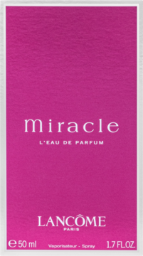 Różowe pudełko perfum Lancôme Miracle L'Eau de Parfum 50ml, z białym napisem, widok z przodu.