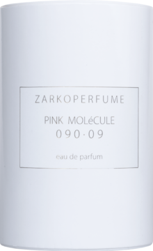 Biała butelka perfum Zarkoperfume Pink Molecule 090.09, widok z przodu. Świeży, elegancki zapach unisex.