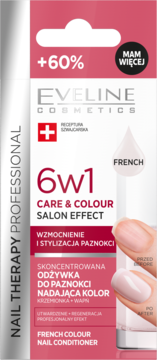 Eveline 6w1 French Colour Nail Conditioner, różowo-białe opakowanie, widok z przodu, z wizualizacją efektu french.