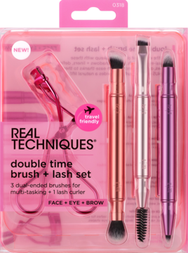 Real Techniques Double Time Brush + Lash Set, travel friendly, 3 dwustronne pędzle i zalotka w różowym opakowaniu.