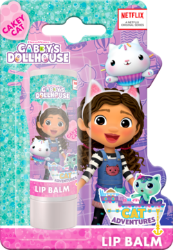 Balsam do ust dla dzieci Koci Domek Gabi Cakey Cat o słodkim zapachu ciasteczek, w blistrze z lalką Gabby.