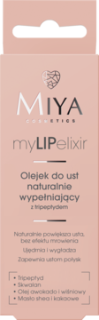 Miya myLIPelixir, olejek do ust naturalnie wypełniający z tripeptydem. Jasnoróżowe pudełko, frontowe ujęcie.