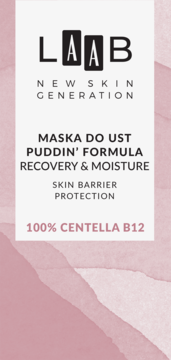 Biała etykieta AA LAAB maska do ust Puddin' Formula Centella B12 na różowym tle, widok z przodu.
