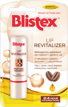 Blistex Lip Revitalizer, biały balsam do ust z peptydami i kawą, widok z przodu w złotym opakowaniu, 24h nawilżenie.
