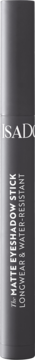 Cylindryczny IsaDora Matte Eyeshadow Stick w kolorze ciemnoszarym, z widocznym tekstem i połyskującą krawędzią.