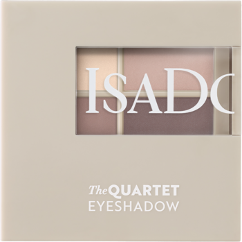 Beżowa paleta IsaDora The Quartet Eyeshadow, z okienkiem ukazującym cztery matowe i błyszczące odcienie nude.