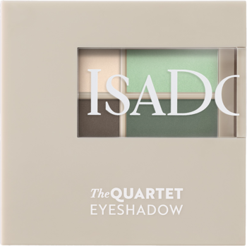 Beżowa paleta cieni IsaDora The Quartet Neo Mint, z okienkiem na cienie (beż, mięta, brąz) i logo IsaDora.