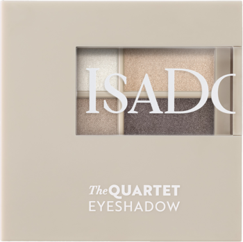 Kwadratowa paleta cieni IsaDora The Quartet nr 09 w beżowym opakowaniu z czterema perłowymi i matowymi odcieniami.