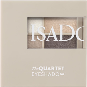 Kwadratowa paleta cieni IsaDora The Quartet nr 09 w beżowym opakowaniu z czterema perłowymi i matowymi odcieniami.