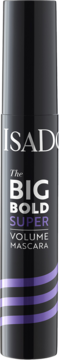Czarne opakowanie IsaDora Big Bold Super Volume Mascara ze srebrnym logo i fioletowymi pasami, widok z przodu.
