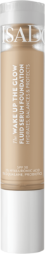 Beżowy podkład IsaDora Wake Up The Glow Fluid Serum Foundation z SPF 30 w przezroczystej butelce, widok z przodu.