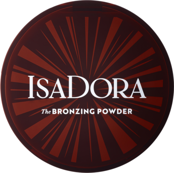 IsaDora The Bronzing Powder, okrągły prasowany puder w ciemnobrązowym opakowaniu z promienistym wzorem, widok z góry.