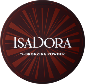 Okrągły puder brązujący IsaDora The Bronzing Powder w ciemnobrązowym opakowaniu z promieniami słońca, widok z góry.
