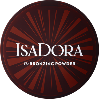 Okrągły puder brązujący IsaDora The Bronzing Powder w ciemnobrązowym opakowaniu z promieniami słońca, widok z góry.